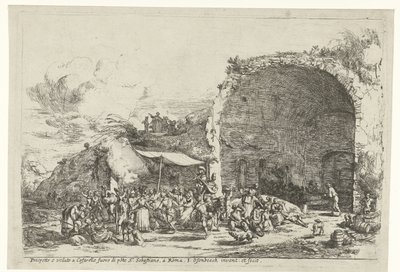 Perisi Egeria mağarasının kalıntılarında şenlikler Prospetto e veduto a Cafarelle fuoro di porte S. Sebastiano, bir Roman (nesne üzerindeki başlık) by Jan van Ossenbeeck