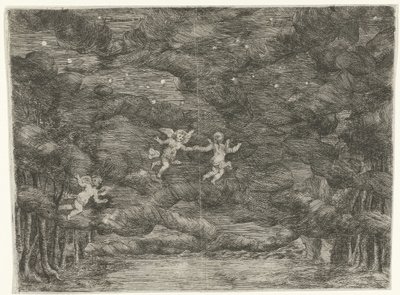 Gece gökyüzünde meleklerle sahne dekoru by Jan van Ossenbeeck
