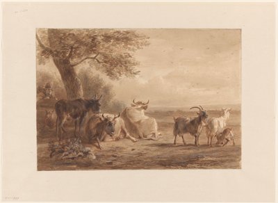 Bir ağacın altında sığır ve sepetli bir adam by Jan van Ravenswaay