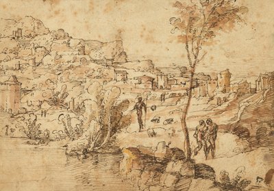 Nehir Kenarında Çobanlarla Manzara ve Ötesinde Bir Kasaba (recto); Figür Çalışmaları ve Roma Kalıntıları (verso) by Jan van Scorel