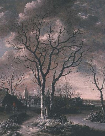 Yolda Gezginlerle Donmuş Bir Nehir Manzarası by Jan van de Capelle or Cappelle