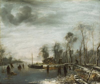 Donmuş bir Su Yolunda Patenciler ve Colf Oyuncularıyla Bir Kış Manzarası, 1653 by Jan van de Capelle or Cappelle