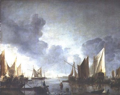 Bir devlet mavnasında müjdelenen bir devlet adamı ve ön planda balıkçılar ile bir sakin by Jan van de Capelle or Cappelle