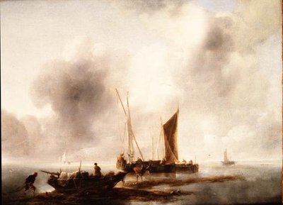 Balıkçı sakin bir şekilde avlarını boşaltıyor. by Jan van de Capelle or Cappelle