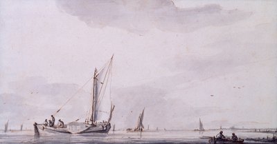 Sakin Bir Haliçte Balıkçılar ve Yelkenli Tekneler (kalem, mürekkep ve yıkama) by Jan van de Capelle or Cappelle