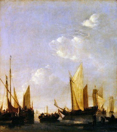 Sakin bir denizde demirlemiş nakliye, yaklaşık 1650 (panel üzerine yağ) by Jan van de Capelle or Cappelle