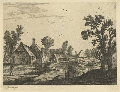 Köy sokakta kadın ve çocuk ile köy manzarası by Jan van de Cappelle (attributed to)