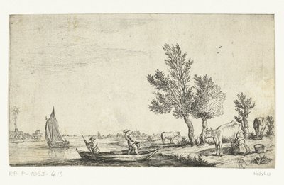 Bir kayıkta iki adamla nehir manzarası by Jan van de Cappelle (attributed to)