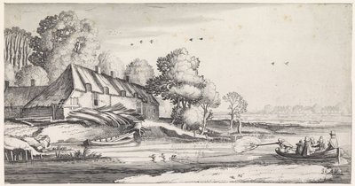 Bir çiftliğin yakınındaki nehirde ördek avı Playsante manzaraları ve eğlenceli sahneler (dizi başlığı) by Jan van de Velde (II)