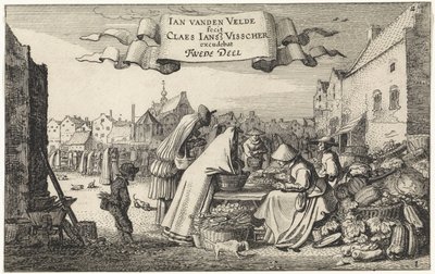 Bir pazarda bir sebze tezgahında rakamlar Manzaralar (dizi başlığı) Amenissimae aliquot requculae (dizi başlığı) by Jan van de Velde (II)