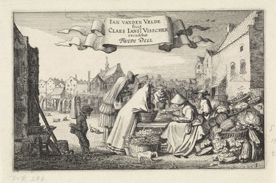 Bir pazarda bir sebze tezgahında rakamlar Manzaralar (dizi başlığı) Amenissimae aliquot requculae (dizi başlığı) by Jan van de Velde (II)