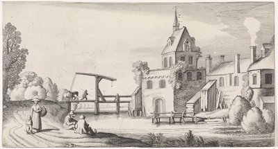Kilise kulesi olan bir köyün asma köprüsündeki rakamlar Playsante manzaraları ve eğlenceli sahneler (dizi başlığı) by Jan van de Velde (II)