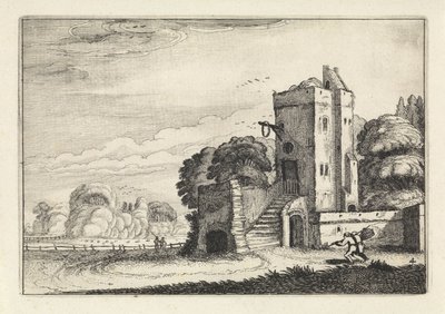 Manzaradaki bir kulenin yanında kuş sepeti olan figürler Manzaralar (dizi başlığı) Amenissimae aliquot requculae (dizi başlığı) by Jan van de Velde (II)