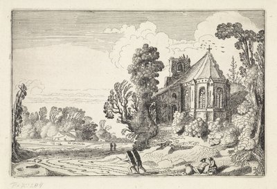 Bir kilise harabesinin yakınındaki bir köy yolunda rakamlar Manzaralar (dizi başlığı) Amenissimae aliquot requculae (dizi başlığı) by Jan van de Velde (II)