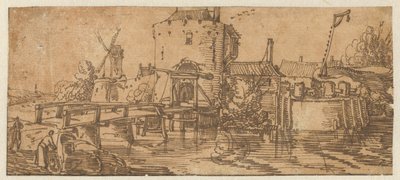 Kapının önünde bir köprü bulunan bir şehir (Culemborg?) by Jan van de Velde (II)
