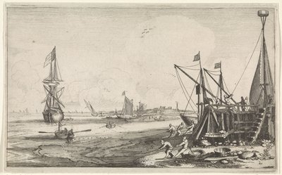 Balıkçıların ağlarını çektiği liman başı Deniz Manzaraları (dizi adı) by Jan van de Velde (II)