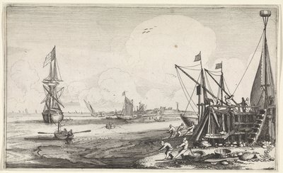 Balıkçıların ağlarını çektiği liman başı Deniz Manzaraları (dizi adı) by Jan van de Velde (II)