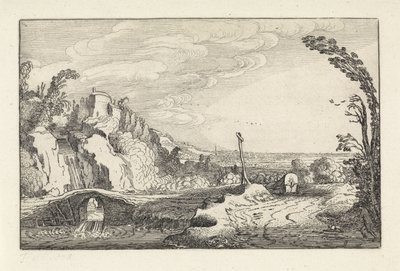 Dağlık bir nehir manzarasında bir yolda kapalı vagon Manzaralar (dizi başlığı) Amenissimae aliquot requculae (dizi başlığı) by Jan van de Velde (II)