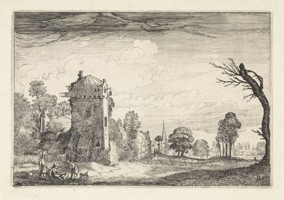 Manzaradaki bir kulede köpekli avcılar Manzaralar (dizi başlığı) Amenissimae aliquot requculae (dizi başlığı) by Jan van de Velde (II)