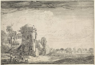 Manzaradaki bir kulede köpekli avcılar Manzaralar (dizi başlığı) Amenissimae aliquot requculae (dizi başlığı) by Jan van de Velde (II)