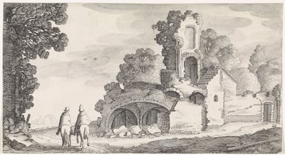 Harabe ve iki atlı ile manzara Playsante manzaraları ve eğlenceli sahneler (dizi başlığı) by Jan van de Velde (II)
