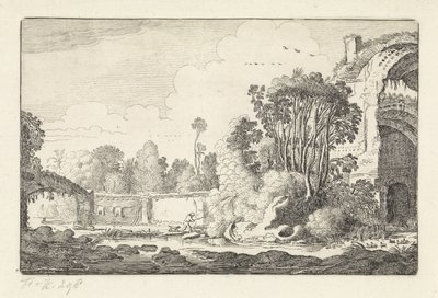 Bir harabede köpeği olan adam Manzaralar (dizi başlığı) Amenissimae aliquot requculae (dizi başlığı) by Jan van de Velde (II)