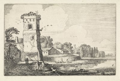 Bir nehir manzarasında bir kulede koyunlarla Pont Manzaralar (dizi başlığı) Amenissimae aliquot requculae (dizi başlığı) by Jan van de Velde (II)