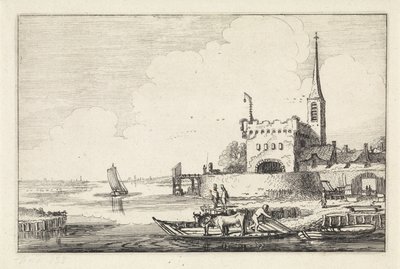 Nehir manzarasındaki bir kalede sığırlarla Pont Manzaralar (dizi başlığı) Amenissimae aliquot requculae (dizi başlığı) by Jan van de Velde (II)