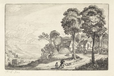 Bir köyün yakınındaki bir yolda yolcular Manzaralar (dizi başlığı) Amenissimae aliquot requculae (dizi başlığı) by Jan van de Velde (II)