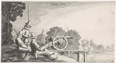 Bir nehir iskelesinde bir topun yanında askerler Playsante manzaraları ve eğlenceli sahneler (dizi başlığı) by Jan van de Velde (II)