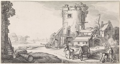 Nehir manzarasındaki bir kulede askerler Playsante manzaraları ve eğlenceli sahneler (dizi başlığı) by Jan van de Velde (II)