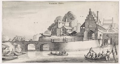 Su üzerinde köprü ile şehir kapısı Playsante manzaraları ve eğlenceli sahneler (dizi başlığı) by Jan van de Velde (II)