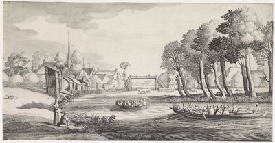 Bir köyün yakınındaki bir nehirde iki kayık Playsante manzaraları ve eğlenceli sahneler (dizi başlığı) by Jan van de Velde (II)