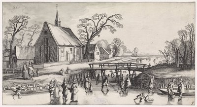 Bir köyün yakınında patenciler ile kış manzarası Playsante manzaraları ve eğlenceli sahneler (dizi başlığı) by Jan van de Velde (II)