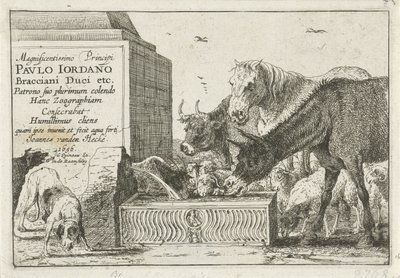 Bir çeşmenin yanında hayvanlar Hayvanları betimleyen bir dizi baskının başlık baskısı Hayvanlar (dizi adı) Zoographiam (nesne üzerinde dizi başlığı) by Jan van den Hecke