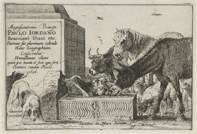 Bir çeşmenin yanında hayvanlar Hayvanları betimleyen bir dizi baskının başlık baskısı Hayvanlar (dizi adı) Zoographiam (nesne üzerinde dizi başlığı) by Jan van den Hecke