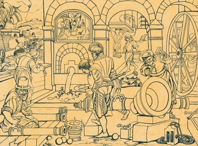 Top dökümhanesi, Nova Reperta'dan çizim by Jan van der (1523 1605) Straet
