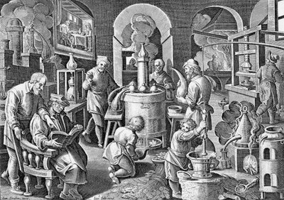 Damıtma: Ateşte her şeyin, sanatın, bedenin, suyun suyu canlı, berrak ve güçlü hale gelir. 16. yüzyılda Jan van der Straet tarafından damıtmanın farklı aşamalarında gravür. by Jan van der Straet