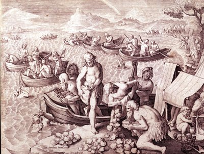 İstiridye balıkçılığı. 17. yüzyıl. Giovanni Stradano (Jan Van Der Straet) (Johannes Stradanus) (1523-1605) tarafından yapılan gravür. by Jan van der Straet