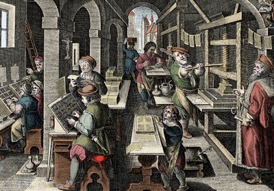 Matbaa ofisi, c1600 - Hollanda, Baskı: solda karakterler karakterleri kullanıyor, bir ana yazıcı tarafından denetlenen baskının hazırlanmasının farklı aşamaları - Giovanni Stradano