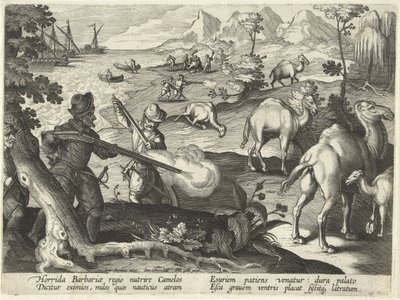 Korkunç bir barbar ülkesindeki denizciler, açlıklarını gidermek için develeri tüfeklerle öldürürler, Jan Collaert (1566-1628) tarafından kazınmış 'Venationes, Ferarum, Avium, Piscium'dan (Avlanma: Yabani Canavarlar, Kuşlar, Balık) örnek. tarafından by Jan van der (1523 1605) Straet