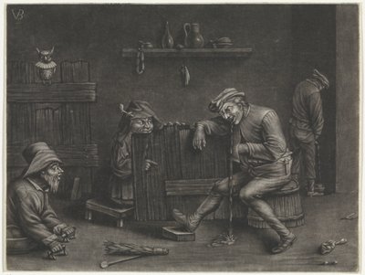 İdrar yapan bir adam, kusan adam, bir cüce ve bir dilenci ile iç mekan by Jan van der Bruggen