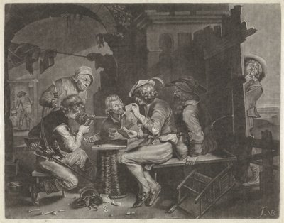 Kart oyuncuları ve işeyen bir adam by Jan van der Bruggen