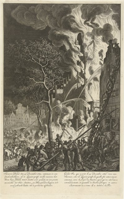 Marka op de Lauriergracht te Amsterdam, 1669 Swaaren markası den 29 aralık 1669. ontstaan in een zuikerbakkery, op de Laurier greft (…) / Grand feu, qui se prit le 29 desembre 1669. dans une sucrerie, sur le Laurier greft ( …) (nesne üzerindeki başlık) by Jan van der Heyden (attributed to)