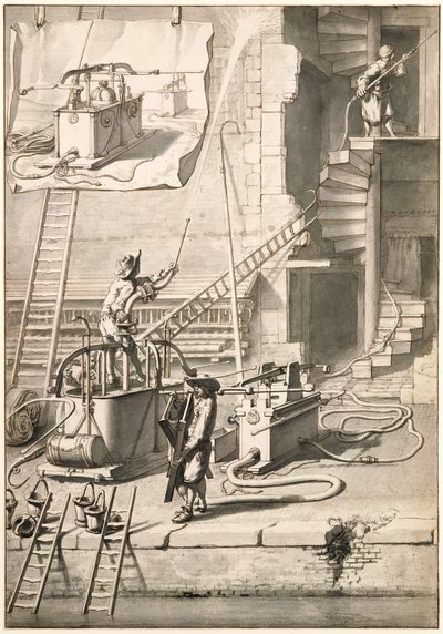 Van der Heyden hortumlu yangın hortumu ile eski yangın hortumlarının karşılaştırılması by Jan van der Heyden