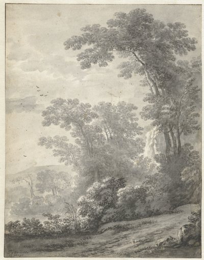 Bir Nehrin Yanında Ağaçlar ile Dağ Manzarası by Jan van der Meer (II)