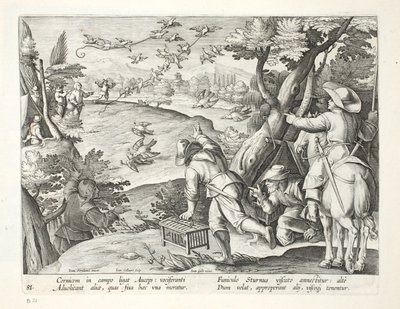 Kargaları yakalayan kuş avcıları, 'Venationes, Ferarum, Avium, Piscium'dan (Avlanma: Yabani Canavarlar, Kuşlar, Balık) çizim, Jan Collaert (1566-1628), pub. Philipus Gallaeus, Amsterdam (İng by Jan van der Straet