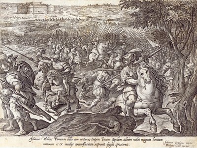 Giovanni de' Medici Parma'da mağlup oldu, Philip Galle (1537-1612) tarafından oyulmuş 'Medici Tarihi'nden bir levha, c.1583 by Jan van der Straet