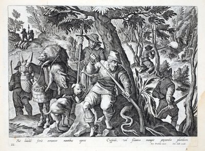 Avcılar, dağ domuzunu avlamak için kurşun yüklü mızraklar veya silahlar kullanırlar, Jan Collaert (1566-1628) tarafından oyulmuş 