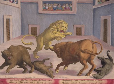 Noblemen Watch War of Wild Beasts of a Indoor Circus, Jan Collaert (1566-1628) tarafından Ph.D. by Jan van der Straet